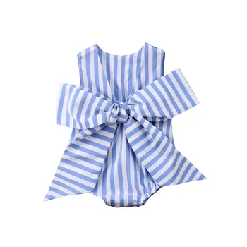 

Emmababy Sumnmer Baby Girlsarrival One-Pieces Rompers Cute Blue and White Striped Chest Big Bow Sleeveless V-Neck Cotton Blends