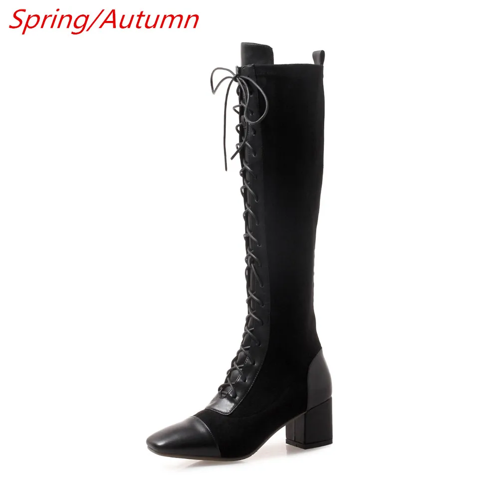Drestrive г. Женские ботинки женская зимняя обувь до колена на среднем толстом каблуке 6 см с перекрестной шнуровкой модная обувь из коровьей кожи, большой размер 33-42 - Цвет: Black