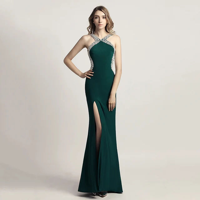 dark green slit dress