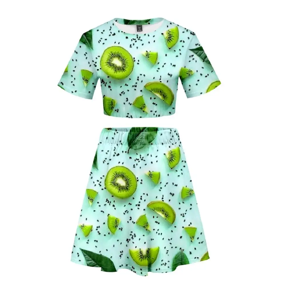 

3D Fruit Women Dress Crop Top Dress 2 Piece Set Suit Summer Dress Soft Comfortable Kiwifruit Orange Strawberry 10Style Dress 2XL