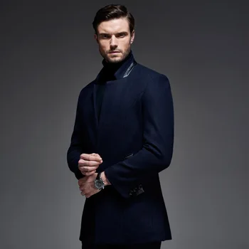 

AIMENWANT Men's Clothing 2017 Autumn PU Spliced Collar Wool Coat Male Single Breasted Winter Woolen Trench Coats Free Shipping