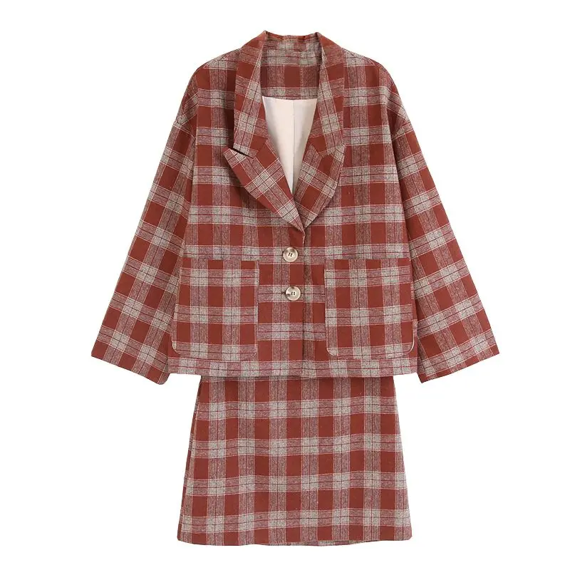 

PERHAPS U women vintage red plaid button blazer mini pencil skirt 2 two pieces set suit elegant winter notch collar T0045