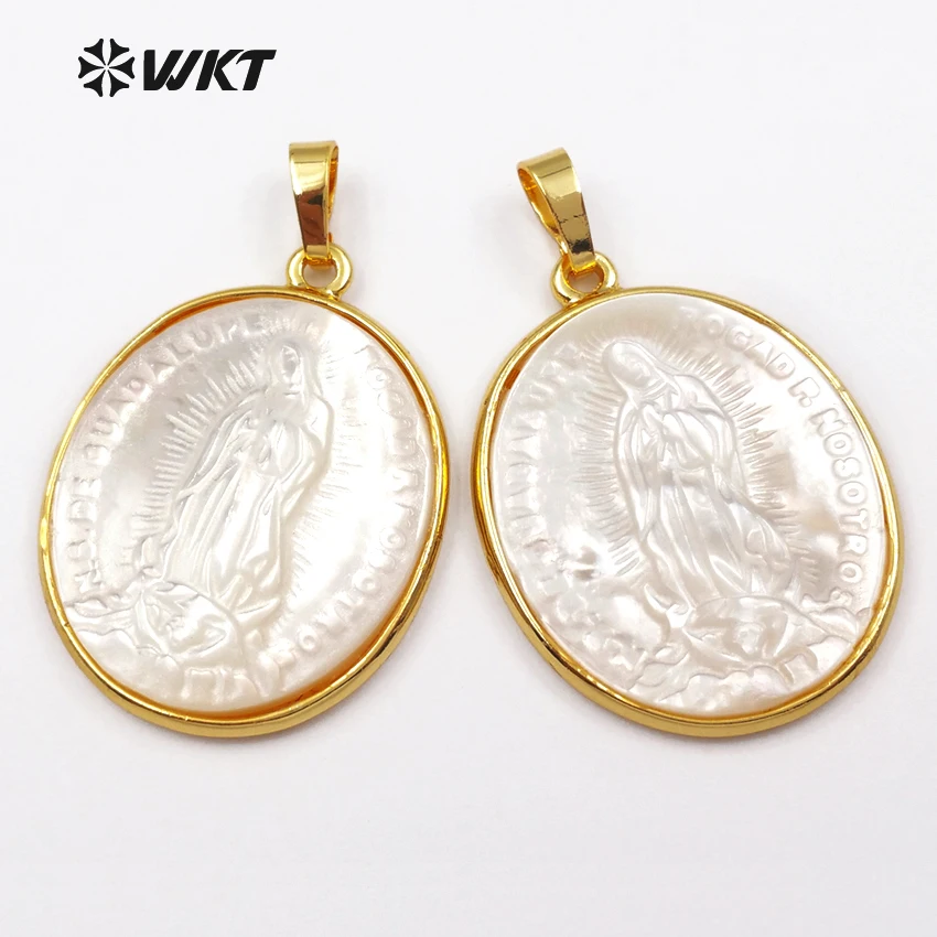 WT-P1353 In Stock ! Elegant White Shell Pendants With Virgin Mary Pattern Oval Slice Shape Metal Plated Female Jewelry