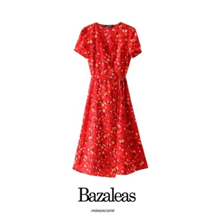 Bazaleas модное летнее платье с глубоким v-образным вырезом, платье с вишневым принтом, платье миди с коротким рукавом, повседневные платья с завязками на талии - Цвет: D1 red 7135