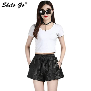 

Leather Shorts Womens Autumn Fashion sheepskin genuine leather Shorts elastic adjustable high waist wide leg shorts