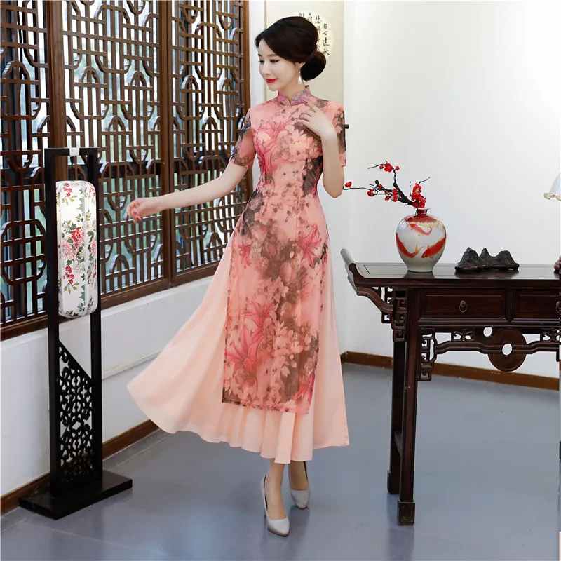 Шанхай история розовый Вьетнам аозай китайское традиционное платье китайское платье Ципао длинные китайское традиционное платье с разрезами по бокам и воротником-стойкой в народном стиле Стиль платье