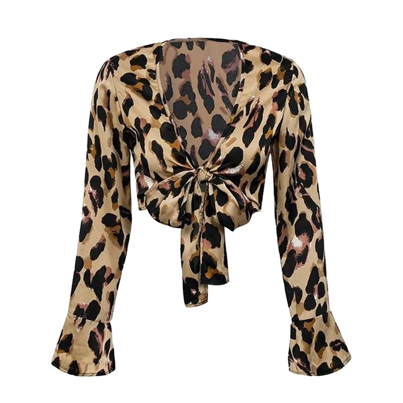 Sexy Fashion Women Long Sleeve Leopard Print Blouse V-Neck Chiffon Shirt Bandage Crop Tops Shirt For Ladies 40JA30 (4)