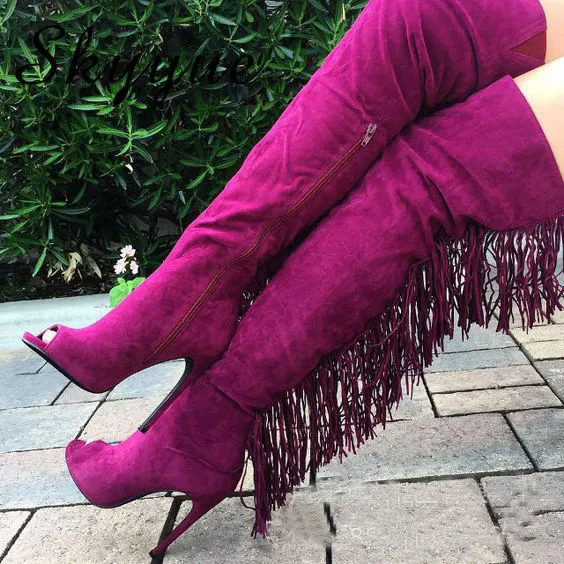 

SKYYUE New Gladiator Fringe Over The Knee HIgh Thigh High Sandal Boots Sexy Open Toe Zip Side Thin HIgh Heel Motircycle Boots