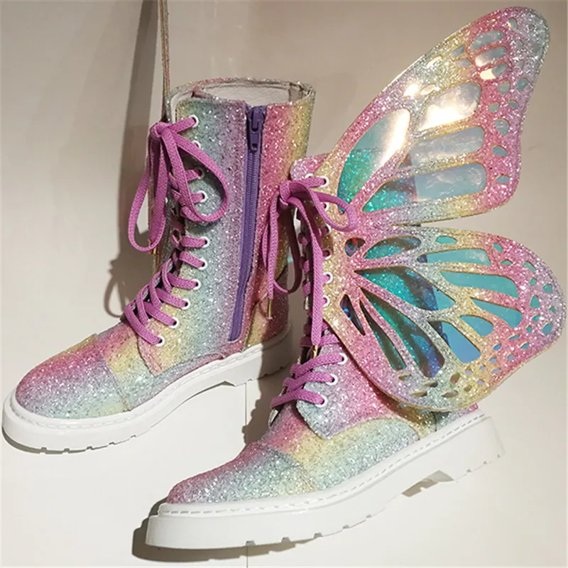 Prova perfetto; женские ботильоны с крыльями бабочки; модные сапоги для верховой езды на плоской подошве; женские резиновые сапоги; Botas Mujer; высокие ботинки на платформе - Цвет: Розовый
