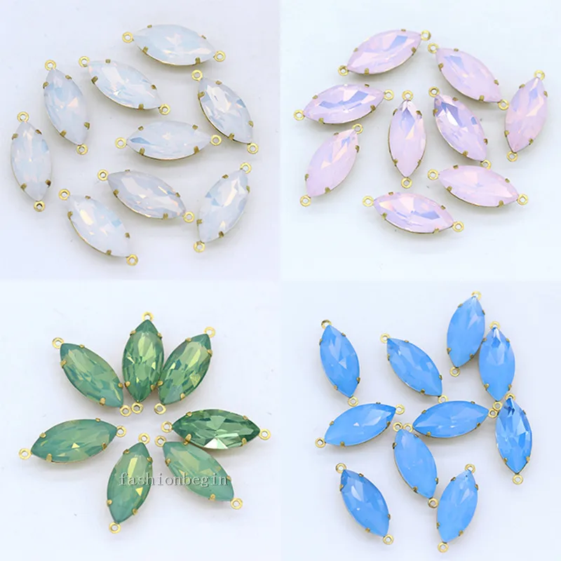 

12p 5x10 7x15mm navette Opal Crystal Gemstone Faceted Framed Glass Pendant Necklace Connector Earring Findings 2loop charm Beads