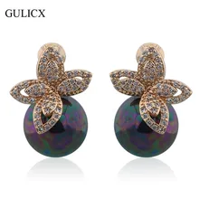 GULICX Модные женские серьги с черным жемчугом, золотые серьги-гвоздики, белый кристалл, лист, кубический цирконий, свадебное украшение E515