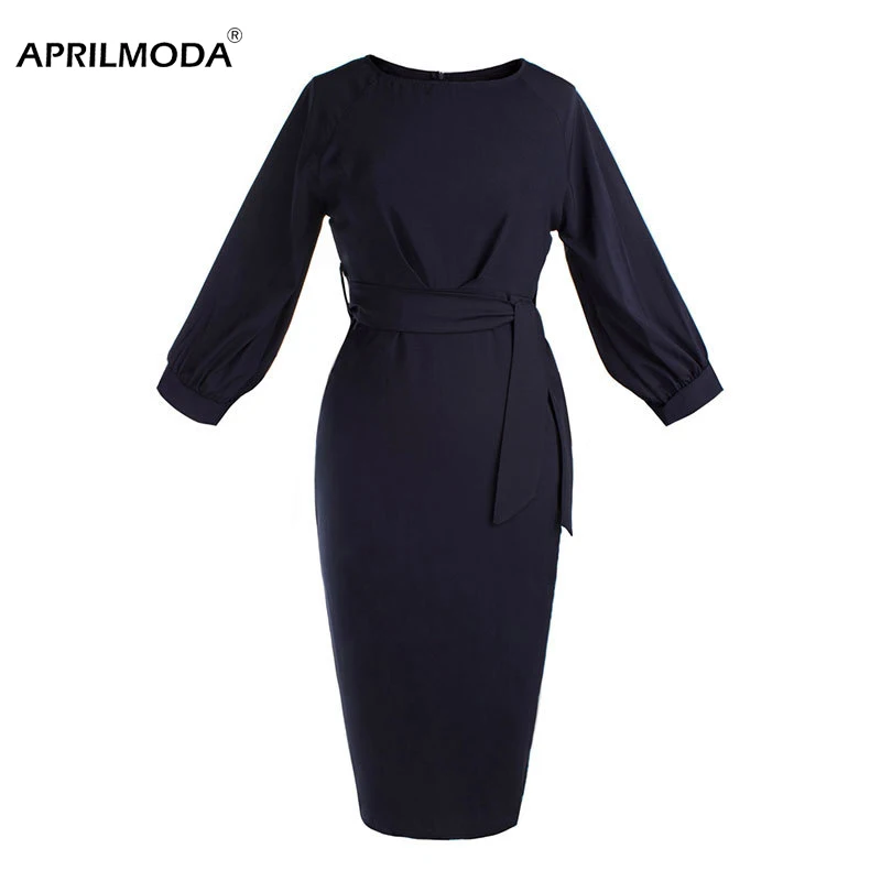 

Navy Blue Lantern Sleeve Pencil Office Women Dress 3/4 Sleeve Elegant Vintage Rockabilly Autumn Spring Sheath Bodycon Dress 2018