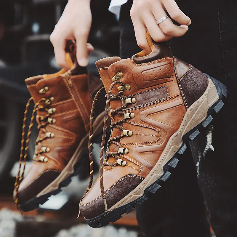 Hot Sale!! Stylish Man Trendy Ankle Boots Genuine Leather Round Toe Lace Up Riding Motorcycle Boots Fashion Mens Shoes