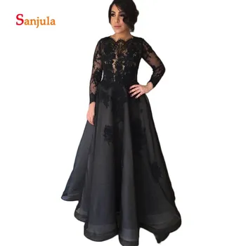 

Black Mother Of The Bride Dresses Long Sleeve A-Line Formal Dresses Illusion Front Sexy Long Groom Mother Wedding Party GownD899