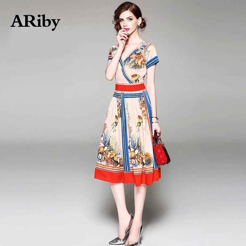 

Dress Women Summer V Collar Dress 2019 New Lady Elegant Vintage Short Sleeves Slim Printed Hollow Out A-Line Dress Plus Size