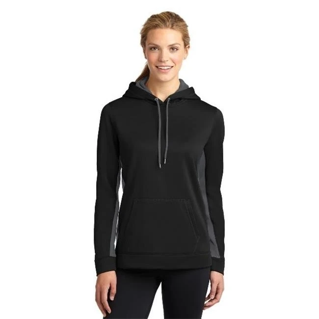 Sport-Tek LST235 Ladies Sport-Wick Fleece Colorblock Hooded Pullover Black & Dark Smoke Grey - Extra Small