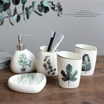 

Nordic Green Plant Ceramic 5pcs Bathroom Products Bathroom Accessories Sets Wedding Bath Set Gifts Bathroom Storage Bottle 0946
