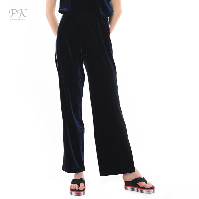 

PK velvet pants women blue tuxedo nylon ribbon straight trousers women 2018 pantalon femme ete leggings blue velvet tuxedo pant