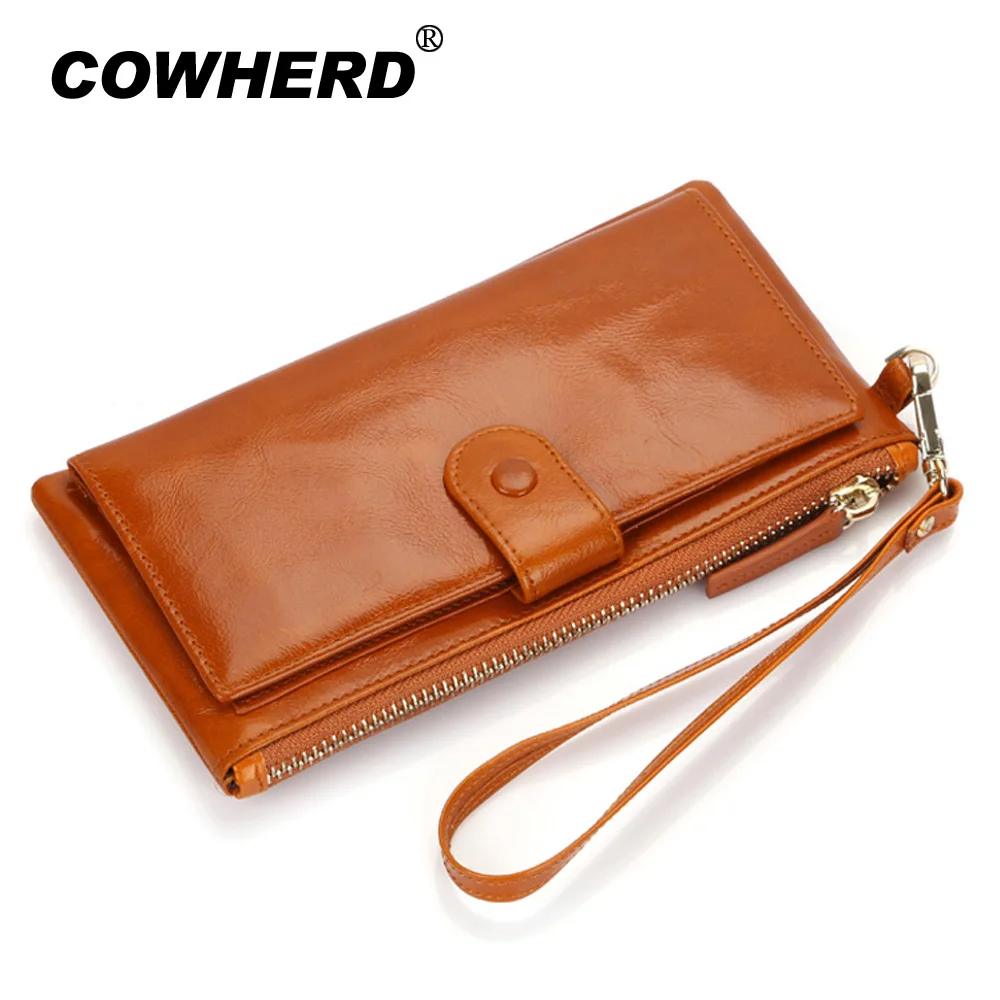 Best Quality! Women Oil Wax Genuine Cowhide Leather Long Zipper Wallet Lady Fashion Clutch Purse Bag With Strap 7 colors 2153