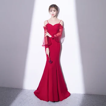 

Sexy Backless Lady Mermaid Dress Fashion Chinese Bride Wedding Clothes Noble Elegant Slim Evening Party Gowns XS S M L XL XXL