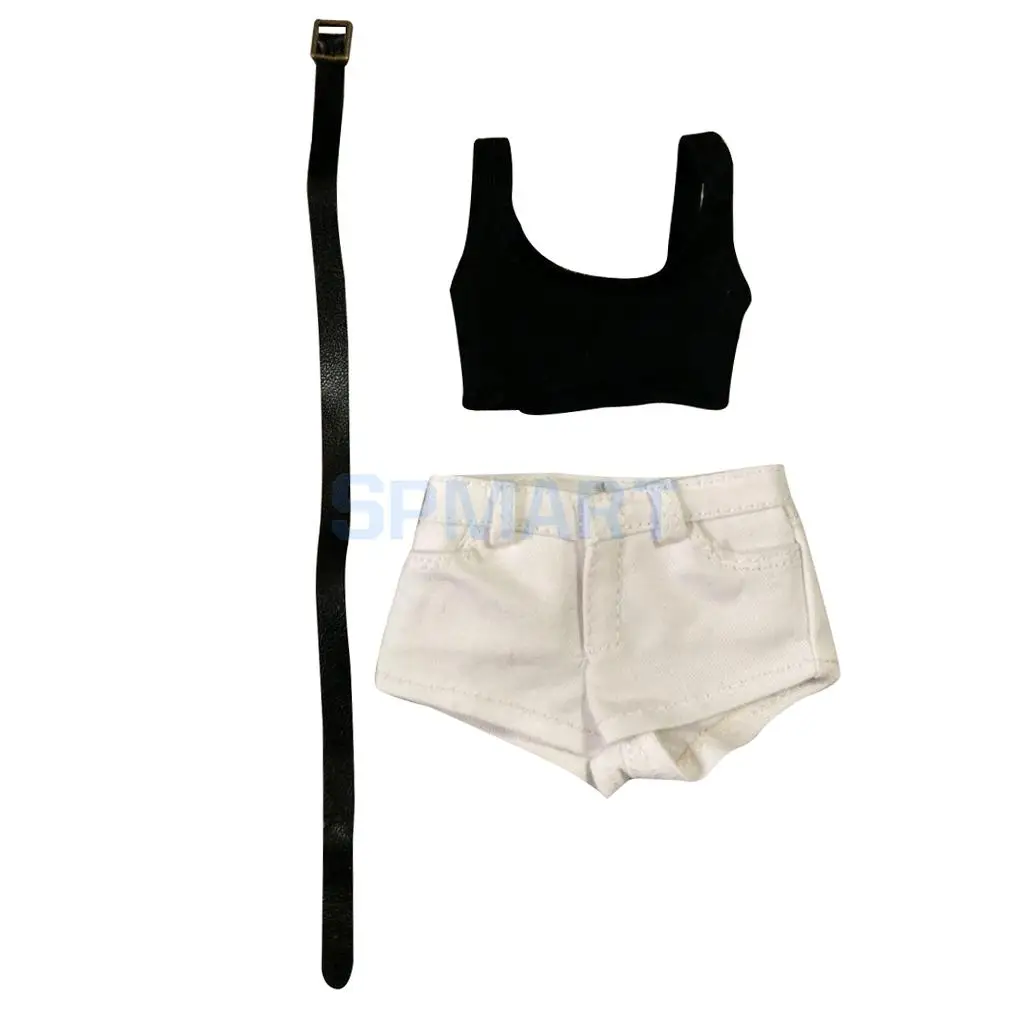 1/6 Scale Black Low-cut Vest Denim Jeans Shorts Belt Set Fit 12