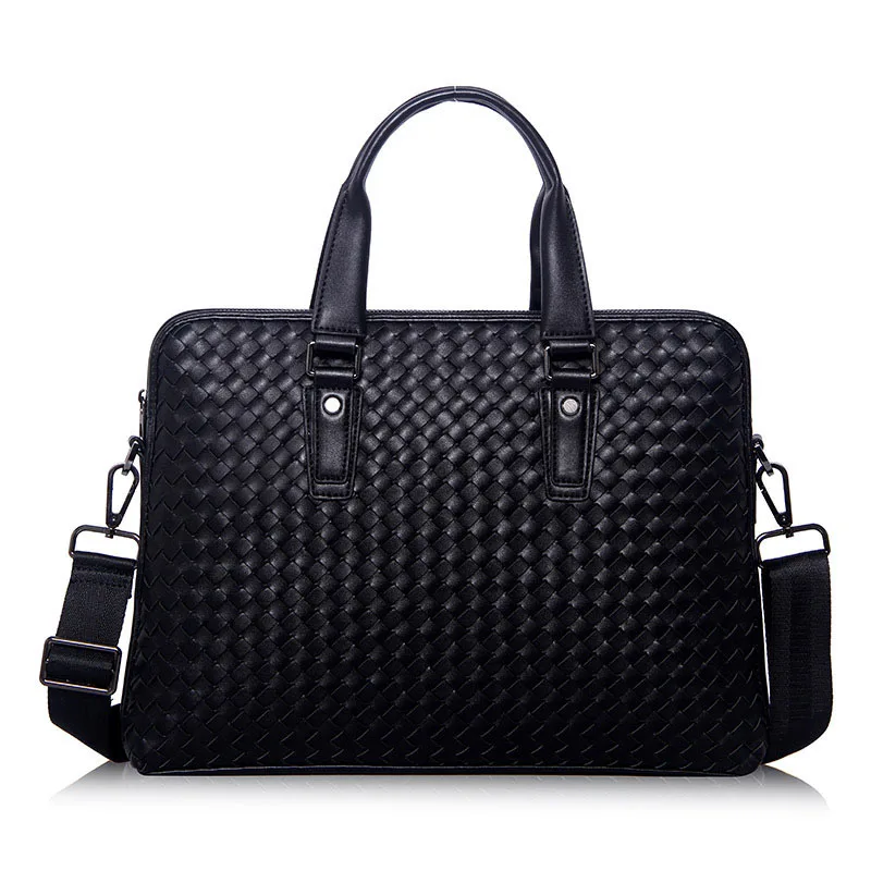 Fashion luxury brand hand-woven soft surface business Men laptop handbags cross section square Genuine Leather shoulder bags