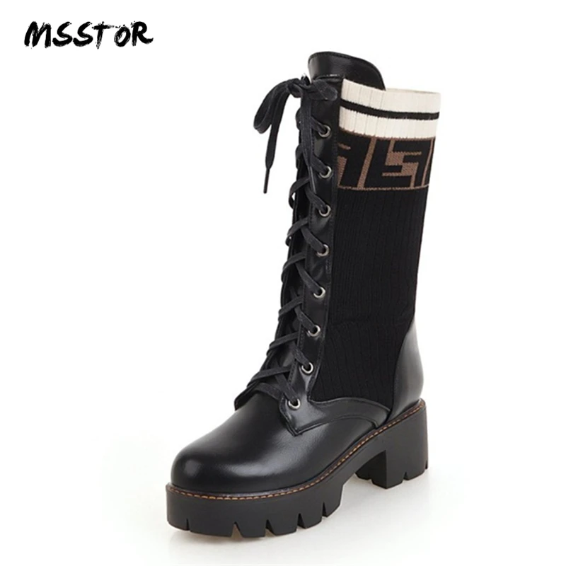 

MSSTOR Knitting Shoes Lace Platform Boots Apricot Round Toe Casual High Heels Women Boots 2018 Mixed Colors Martens Boots 5.5CM