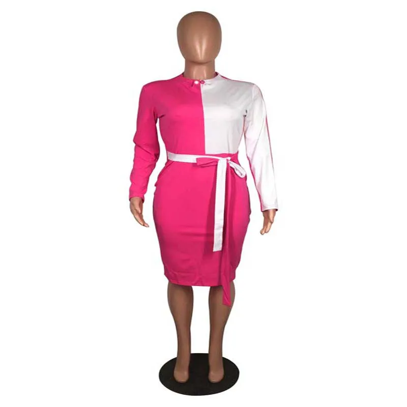 Африка одежда мода сплайсированные молнии с длинным рукавом по колено платье офис леди элегантный тонкий платье бандаж ночной клуб - Цвет: Rose Red