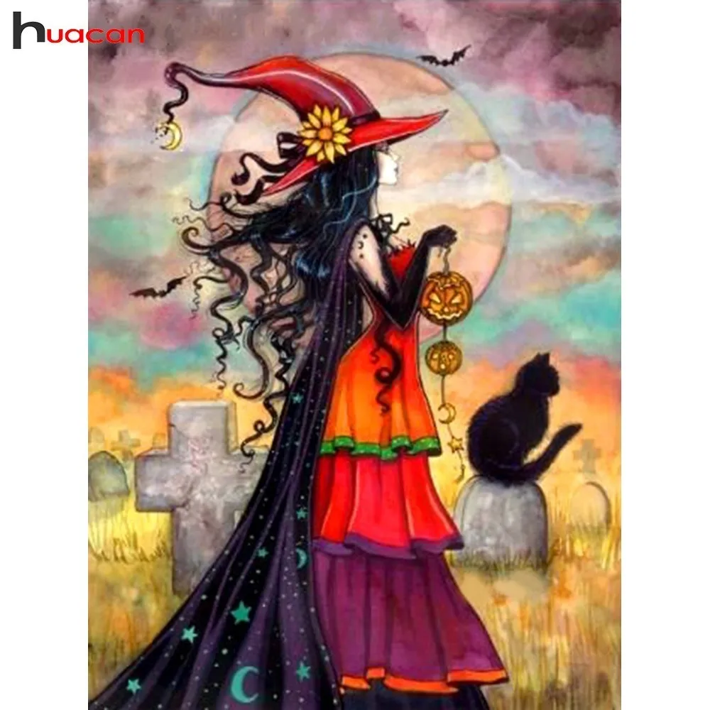 

HUACAN Diamond Embroidery Halloween DIY Diamond Painting Portrait Diamond Mosaic Cat Full Square Cartoon Picture Of Rhinestone