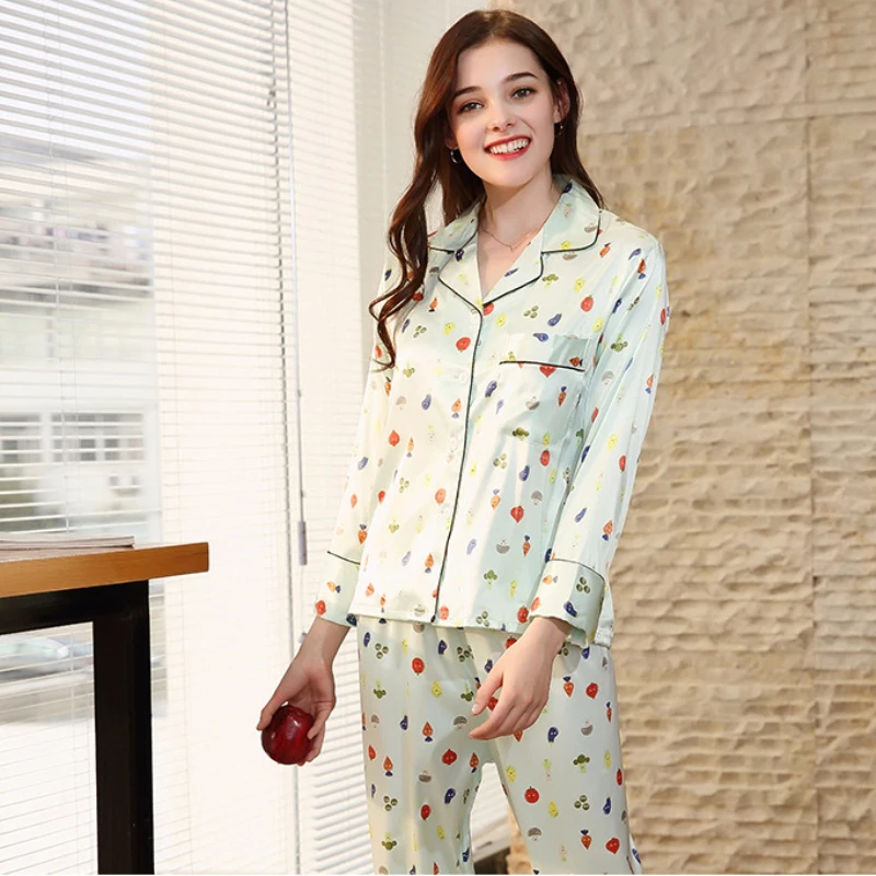 

SSH0139 2018 New Brand Pajamas Fruit Print Women Pyjamas Spring Autumn Full Sleeve Home Suit Sleep & Lounge Satin Silk Sleepwear