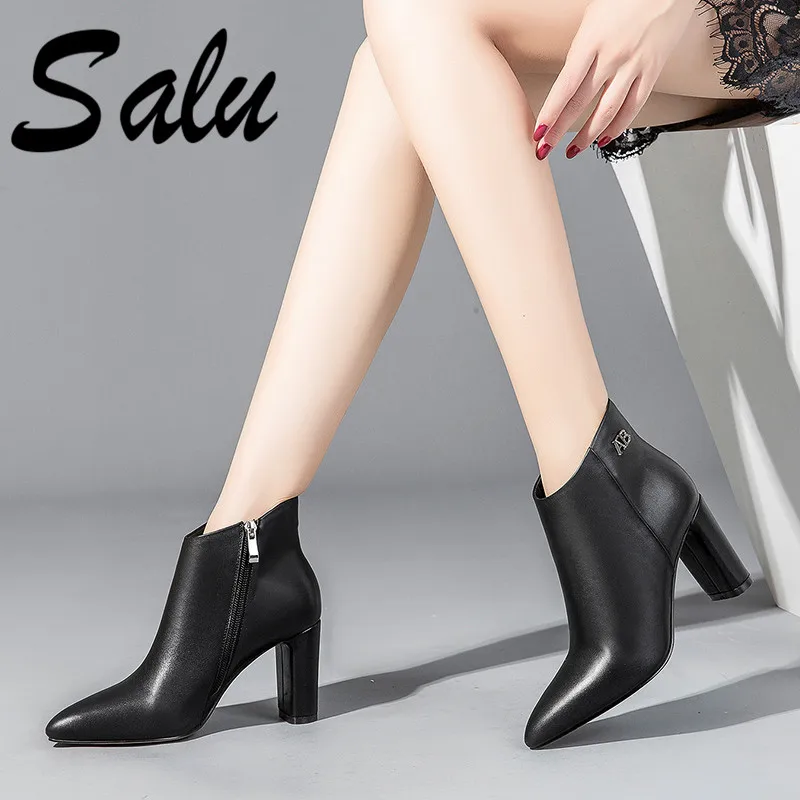 

Salu New Women Genuine Leather High Heels Ankle Boots Autumn Winter Sexy round Toe Female Single Fashion Ladies Shoes Woman