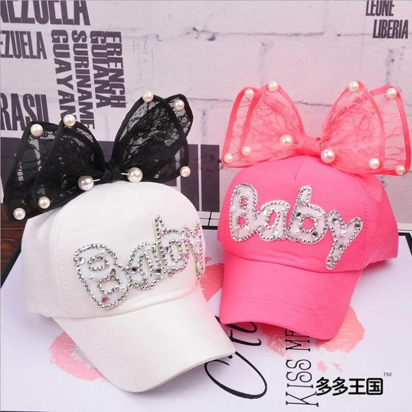 2018 Children Hip Hop Mesh Baseball Cap Summer Baby rabbit ear pearl bow kids Sun Hat Boys Girls snapback Caps for 2-8 years old