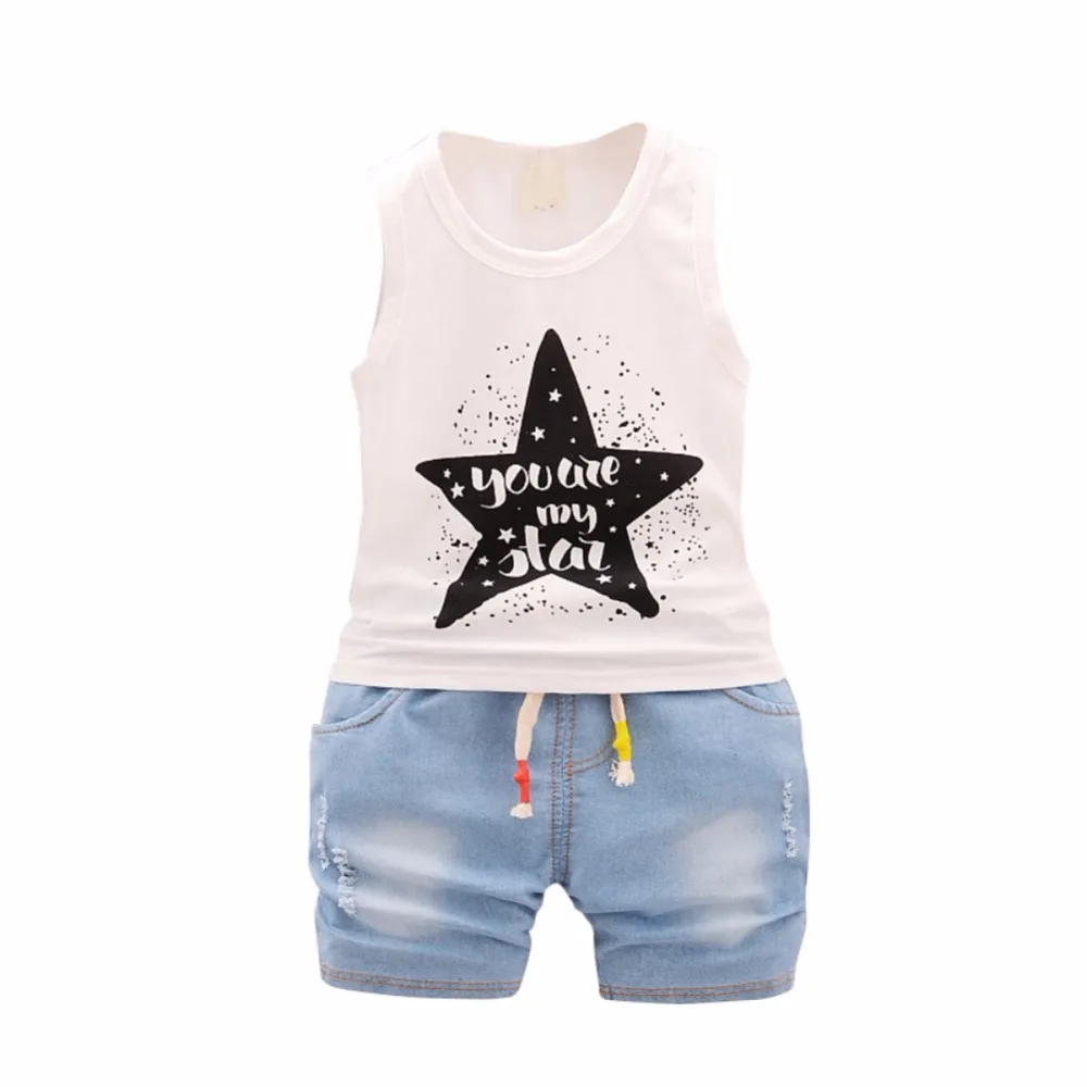 

Summer Kids Baby Clothes Set Sleeveless Vest Tops Shorts Jeans 2 Pcs Baby Sets Boys Girls Clothing Blue White