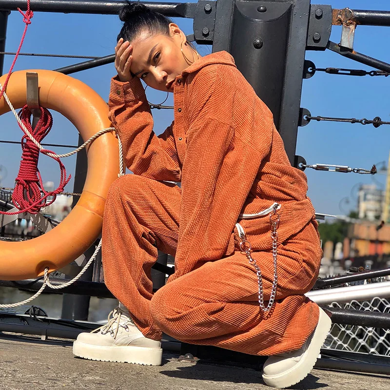 Retro Corduroy Rompers Women Single Breasted Jumpsuit Cargo Wide Legs Overalls with the Belt Bags Casual One-piece Suits Romper