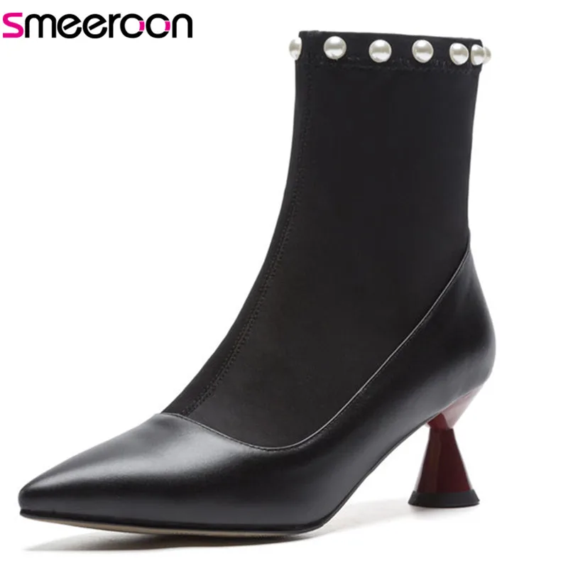 

Smeeroon stretch fabric+cow boots autumn winter boots for women pointed toe high heels ankle boots slip on party shoes black