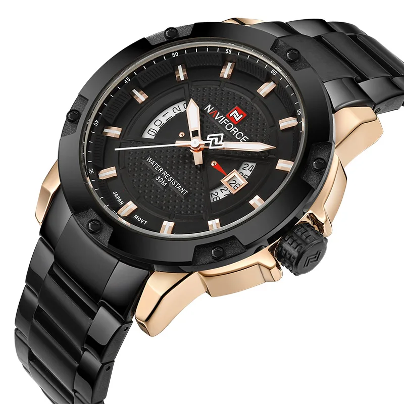 Лидирующий бренд Роскошные мужские военные наручные часы NAVIFORCE мужские часы полностью стальные мужские спортивные часы водонепроницаемые Relogio Masculino - Цвет: golden black