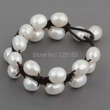 Двойной слой 10- 11 мм белый пресной воды жемчуг на черный кожа браслет