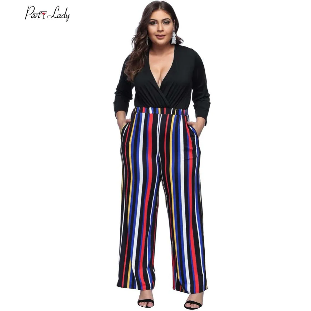 Party Lady  New Jumpsuits For Women 2018 Rompers Womens Combination Femme Sexy Loose Striped Full Length  Loose Jumpsuits -D