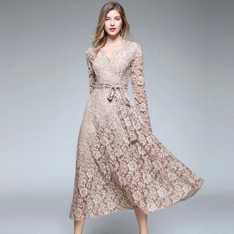 

2019 New Runway Maxi Lace Dress Bow Slim Fashion Sexy dress Hollow Out Work Casual Women A-line Vintage Dresses Vestidos robe