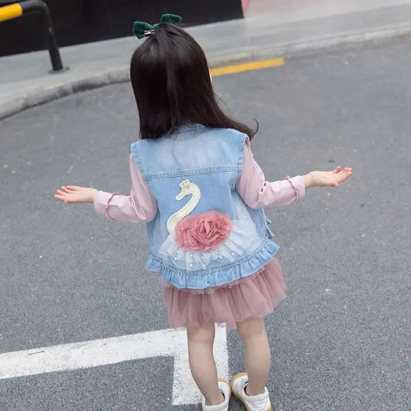 

Baby girl denim vest spring new cute swan pattern ruffles outerwear for children girl kids cotton tops 3-10Y toddler clothes 283