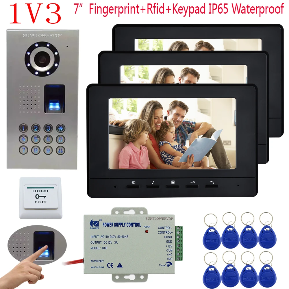 

Sunflowervdp Fingerprint Door Phone IP65 Waterproof CCD 700TVL Camera Intercom With Screen 7inch HD Color Images System Unit 1V3