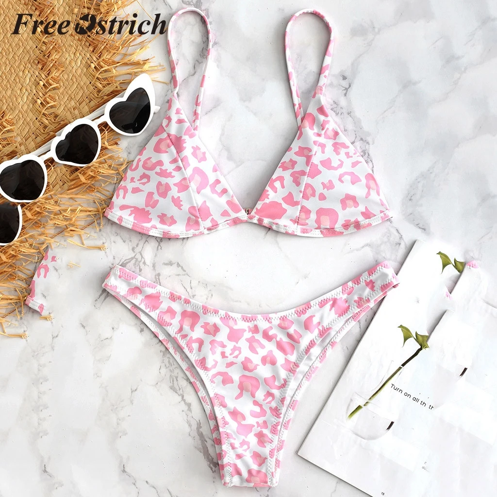 

Free Ostrich Hot Sales Women Leopard Push-up Padded Bra Beach Set suit Suit Swimwear Pink Sweet And Sexy Style Sets