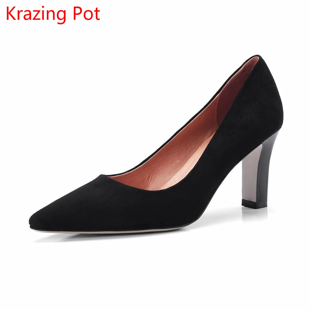 

2018 Fashion Brand Spring Shoes Kid Suede High Heels Slip on Women Pumps Pointed Toe Shallow Concise Nude Office Lady Shoes Lc9