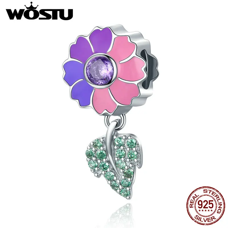

WOSTU 2019 New Real 925 Sterling Silver Flower & Leaves Dangle Charm fit Beads Bracelet Making Necklace DIY Jewelry Gift CTC003