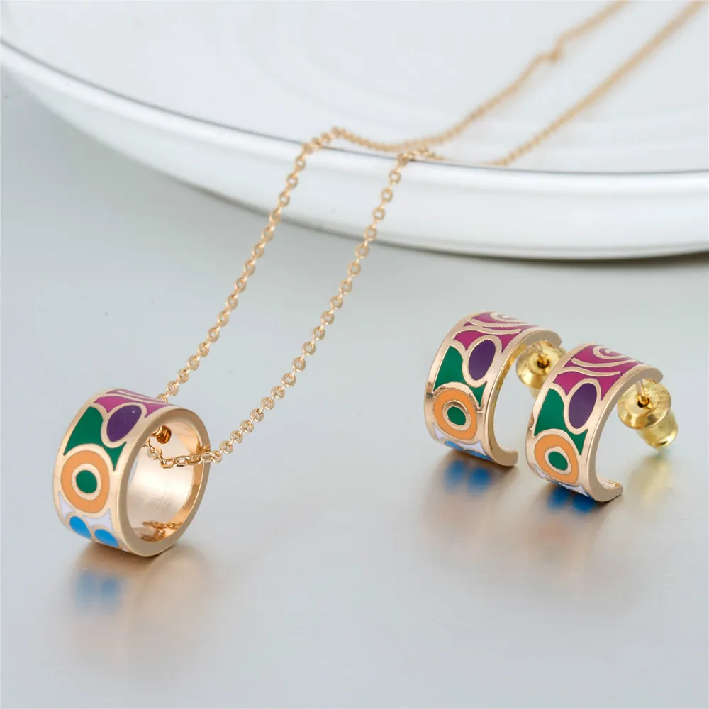Ethnic Colorful Round Jewelry Sets Necklace/Earring Stainless Steel