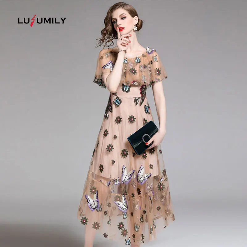 

Lusumily Women Butterfly Embroidery Mesh Dress Runway Vintage Work Sexy Evening Party Dresses Casual Slim Maxi Long Vestidos