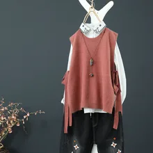 Осенняя Новинка, литературный жилет, свободный, тонкий, Повседневный, два боковых ремешка, галстук, личность, женский, искусство, свитер, жилет, хлопок, круглый вырез, Женский Топ