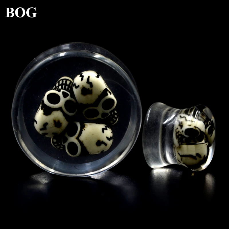 

2 Pcs Acrylic Ear Tunnel Plugs Built Three SkullS Skeleton Gauges Expander Earlobe Piercing Flesh Tunnel Ear Taper Stretcher