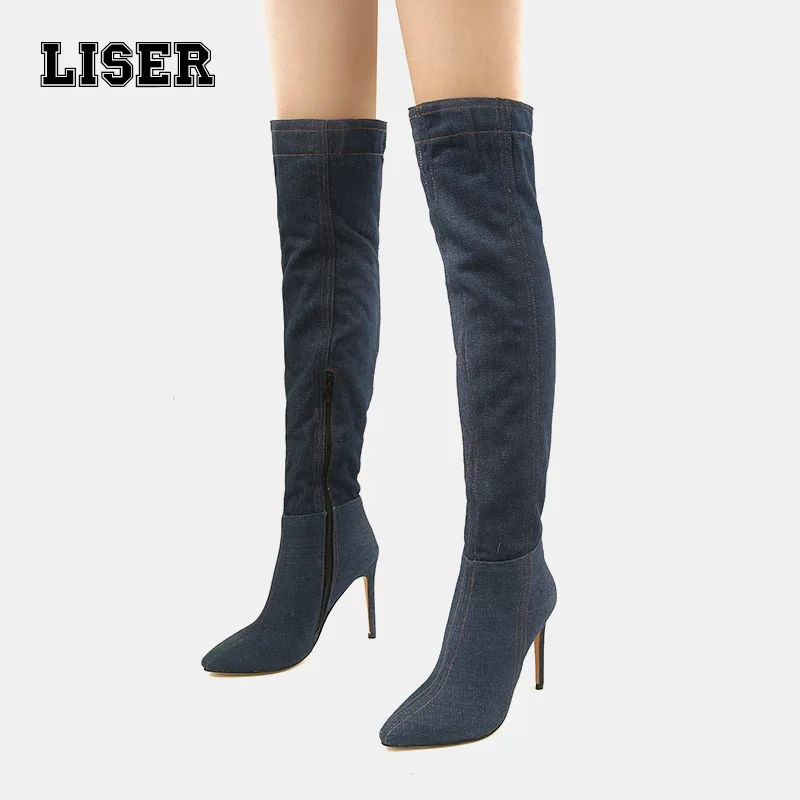 

Women's Denim knee high boots inside zip 10cm stiletto heels pointed toe fashion designer long boots for ladies office party