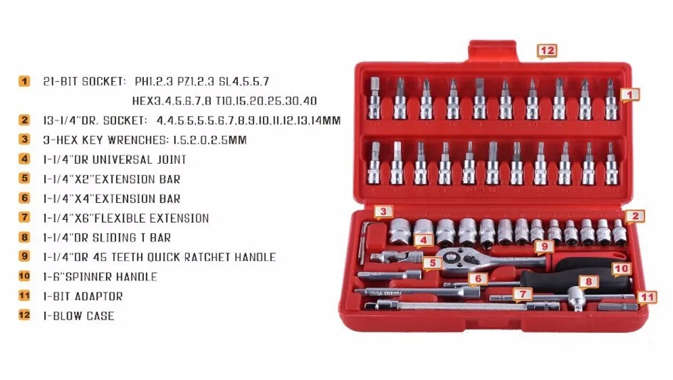 46 шт. набор инструментов для авто Набор Торцевых Головок С 1/" Храповик Ключ Многофункциональный Сочетание Бытовой Набор Инструментов Ремонт Автомобилей Набор Инструментов